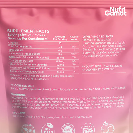 NutriGamot Electrolyte Gummies Sugar-Free | Mixed Berry Flavor – 5 Electrolytes, Convenient Daily Hydration, 60 Count